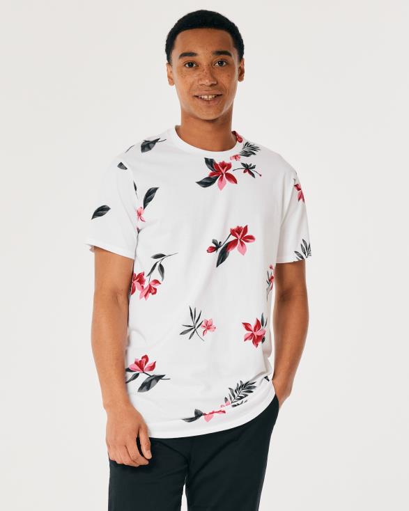 lang T-shirt met gebogen zoom en bloemenpatroon witte bloemen Heren Hollister toppen 06JX847