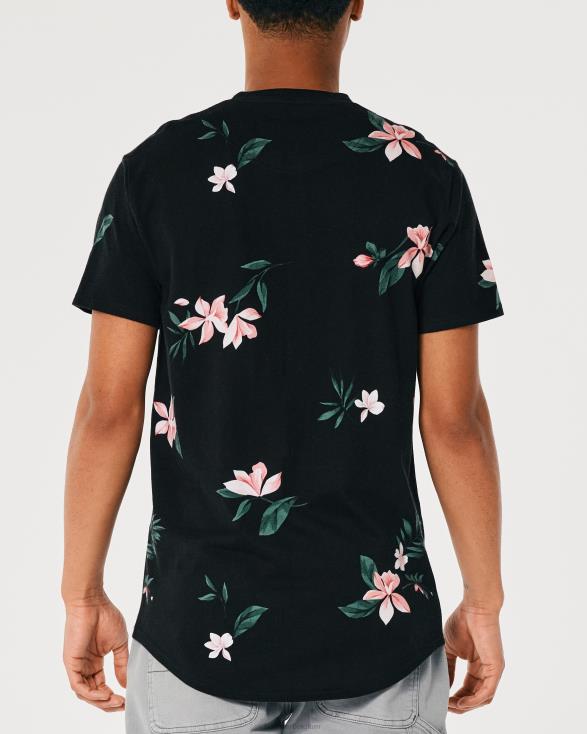 lang T-shirt met gebogen zoom en bloemenpatroon zwarte bloemen Heren Hollister toppen 06JX813