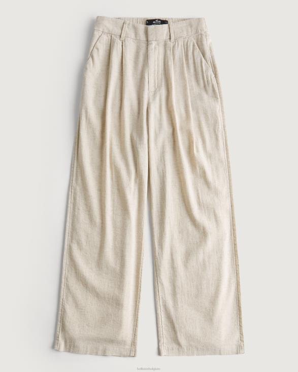 broek van linnenmix met ultrahoge taille en wijde pijpen beige vrouwen Hollister bodems 06JX743