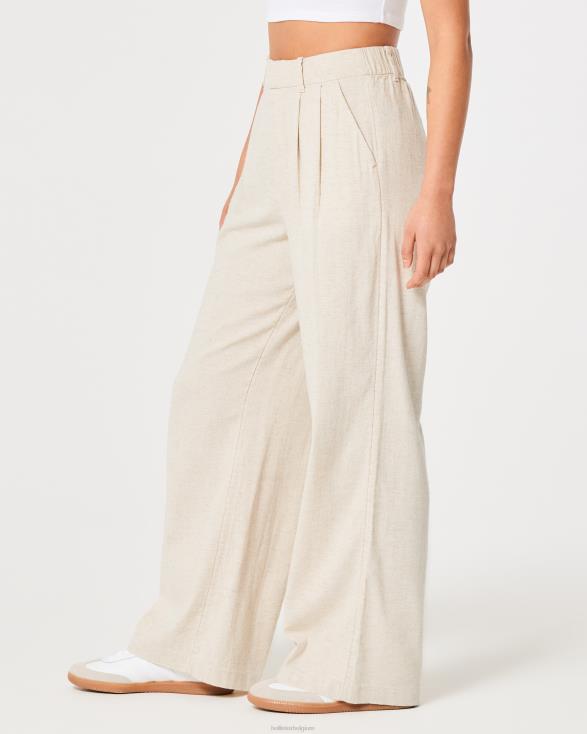 broek van linnenmix met ultrahoge taille en wijde pijpen beige vrouwen Hollister bodems 06JX743
