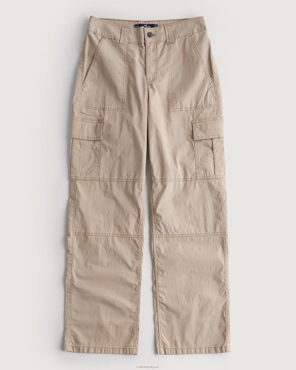 wijde cargobroek van popeline met hoge taille khaki vrouwen Hollister bodems 06JX674