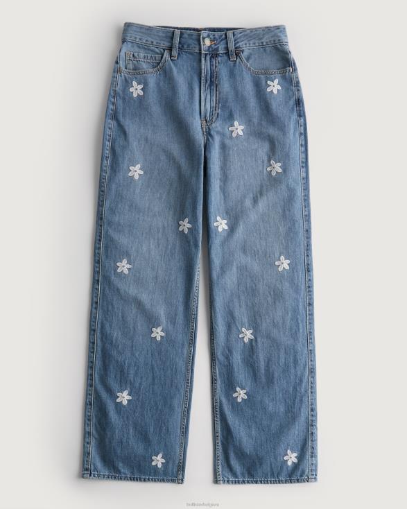 baggy jeans met ultrahoge taille en medium wassing met geborduurde bloemen medium wassing bloemen vrouwen Hollister bodems 06JX687