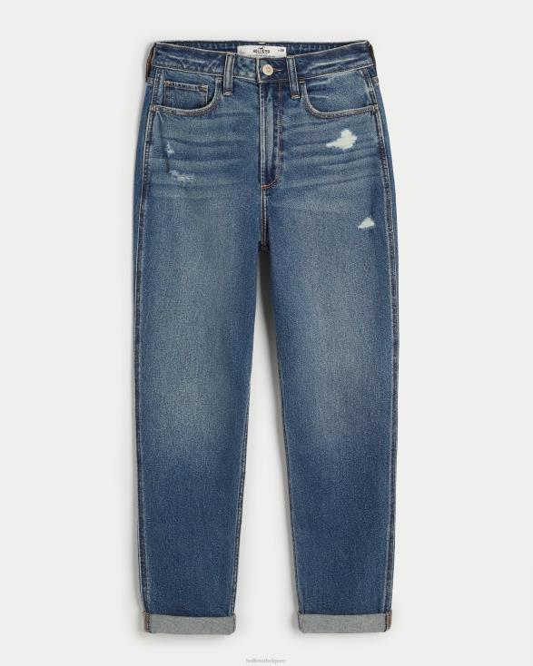 curvy mom jeans met ultrahoge taille en donkere wassing medium gescheurde was vrouwen Hollister bodems 06JX539