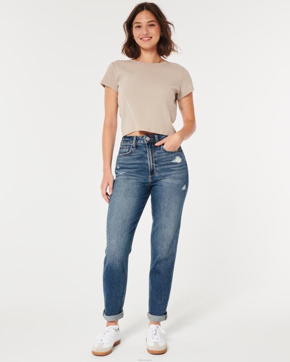 curvy mom jeans met ultrahoge taille en donkere wassing medium gescheurde was vrouwen Hollister bodems 06JX539
