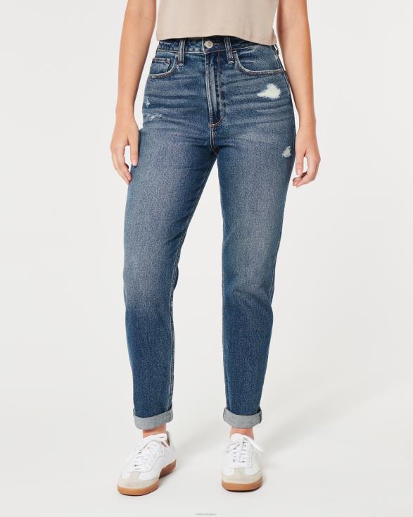 curvy mom jeans met ultrahoge taille en donkere wassing medium gescheurde was vrouwen Hollister bodems 06JX539
