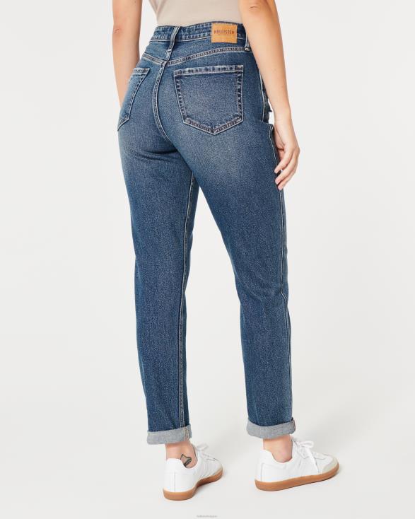 curvy mom jeans met ultrahoge taille en donkere wassing medium gescheurde was vrouwen Hollister bodems 06JX539