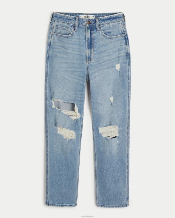 curvy mom jeans met ultrahoge taille en medium wassing lichte medium gescheurde wassing vrouwen Hollister bodems 06JX515