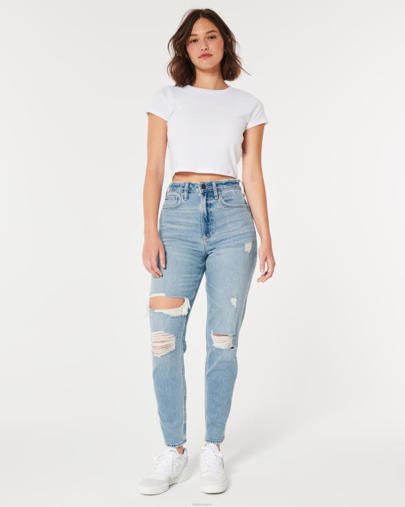 curvy mom jeans met ultrahoge taille en medium wassing lichte medium gescheurde wassing vrouwen Hollister bodems 06JX515