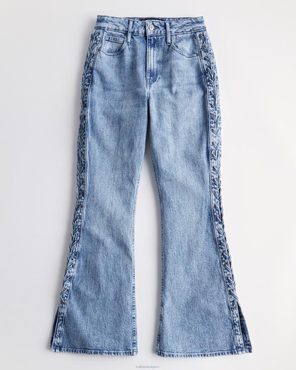 social tourist light medium wash hoge taille flare jeans met veters aan de zijkant lichte medium wassing vrouwen Hollister bodems 06JX761