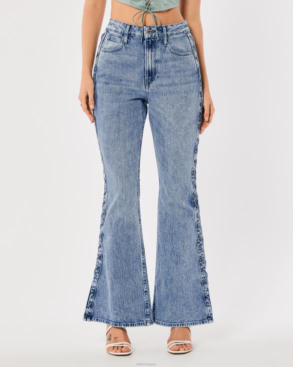 social tourist light medium wash hoge taille flare jeans met veters aan de zijkant lichte medium wassing vrouwen Hollister bodems 06JX761