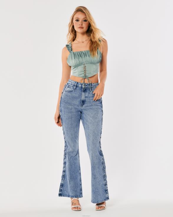 social tourist light medium wash hoge taille flare jeans met veters aan de zijkant lichte medium wassing vrouwen Hollister bodems 06JX761