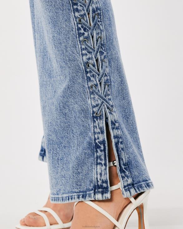 social tourist light medium wash hoge taille flare jeans met veters aan de zijkant lichte medium wassing vrouwen Hollister bodems 06JX761