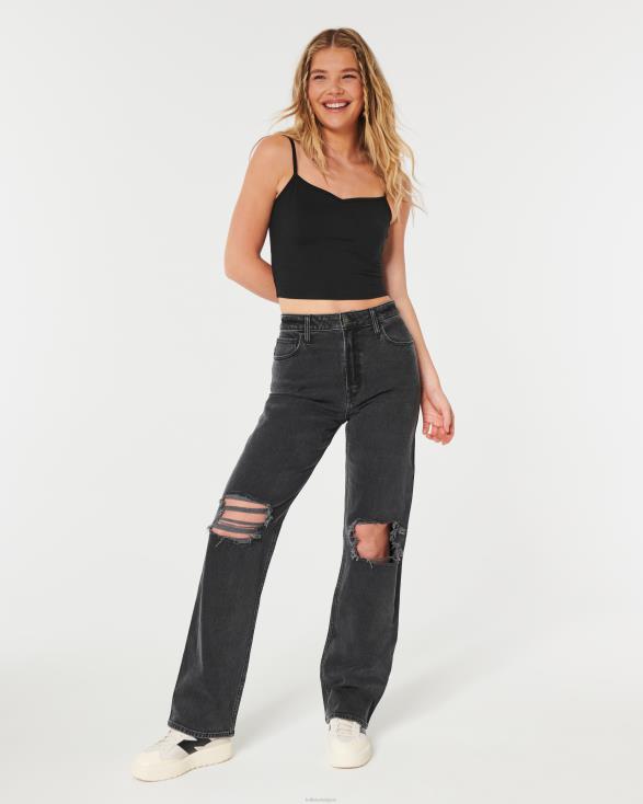 zwarte papa-jeans met ultrahoge taille en wassing zwarte gescheurde wassing vrouwen Hollister bodems 06JX648