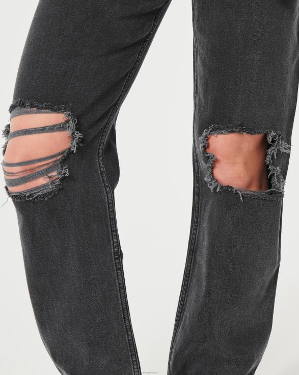 zwarte papa-jeans met ultrahoge taille en wassing zwarte gescheurde wassing vrouwen Hollister bodems 06JX648