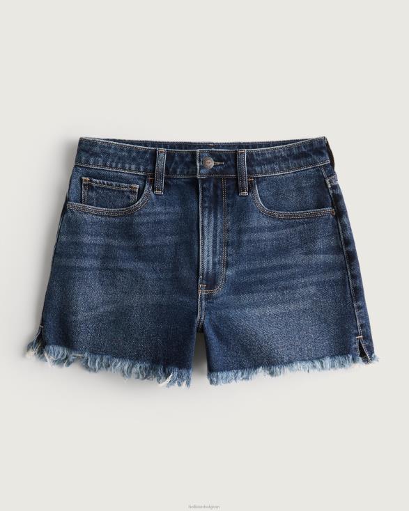 Mom-short van ultrahoge denim met donkere wassing gerafelde zoom in donkere wassing vrouwen Hollister bodems 06JX741