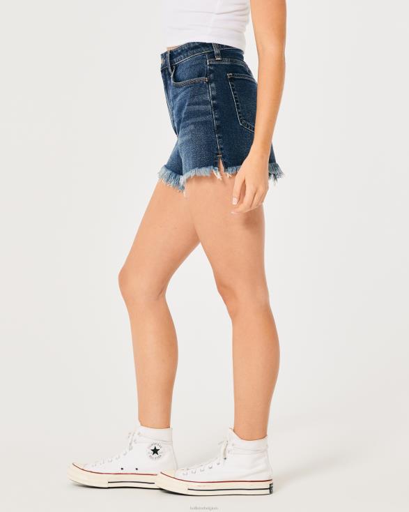 Mom-short van ultrahoge denim met donkere wassing gerafelde zoom in donkere wassing vrouwen Hollister bodems 06JX741