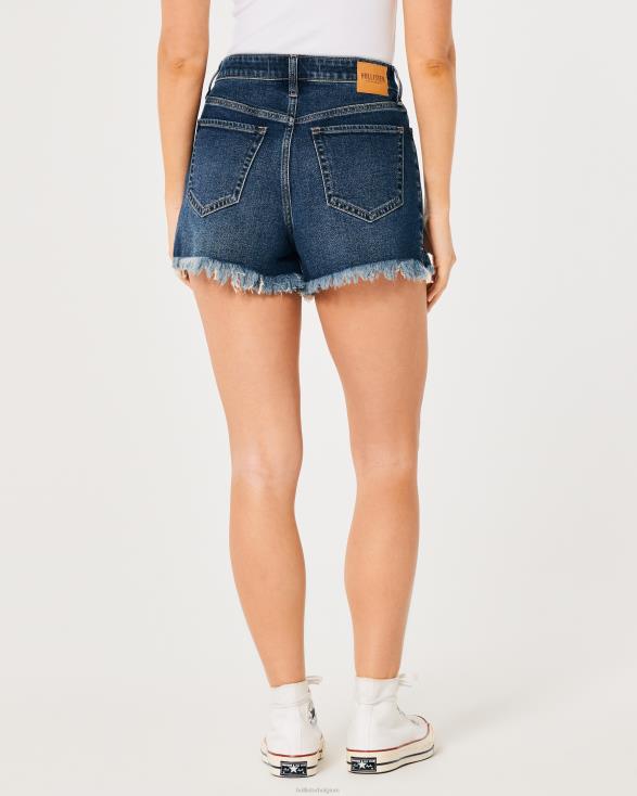 Mom-short van ultrahoge denim met donkere wassing gerafelde zoom in donkere wassing vrouwen Hollister bodems 06JX741