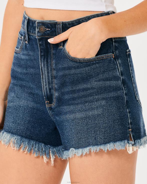 Mom-short van ultrahoge denim met donkere wassing gerafelde zoom in donkere wassing vrouwen Hollister bodems 06JX741