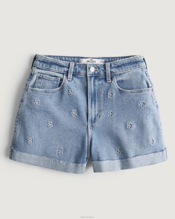 curvy mom shorts met ultrahoge taille en geborduurde lichte wassing lichte medium wassing vrouwen Hollister bodems 06JX558