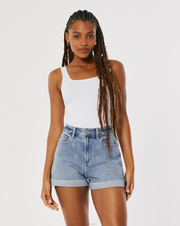 curvy mom shorts met ultrahoge taille en geborduurde lichte wassing lichte medium wassing vrouwen Hollister bodems 06JX558