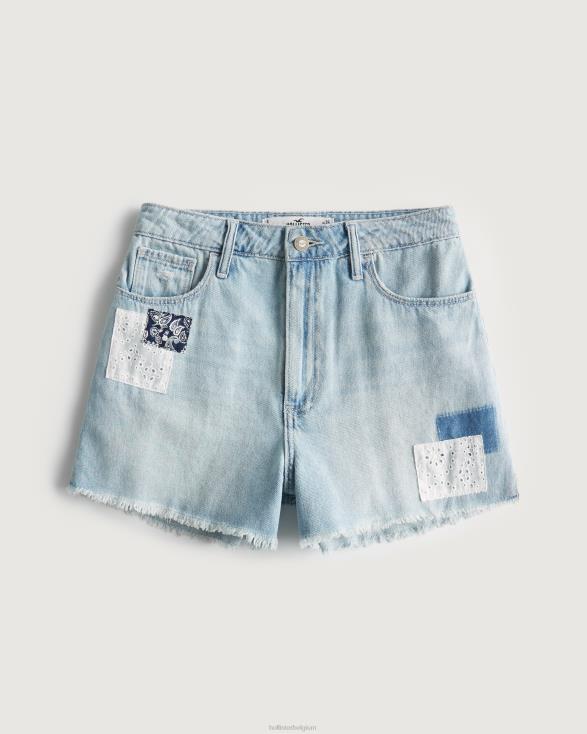 curvy mom shorts met ultrahoge taille en lichte wassing in patchworkdenim lichte wassing vrouwen Hollister bodems 06JX540