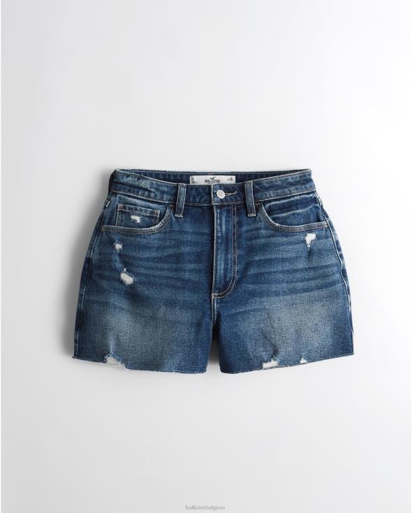 curvy mom shorts met ultrahoge taille in distressed dark wash denim afspoelen vrouwen Hollister bodems 06JX624