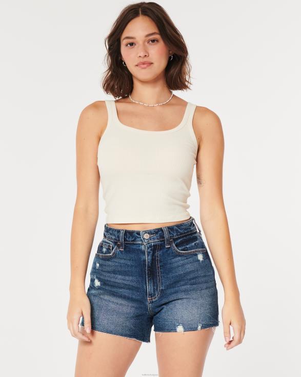 curvy mom shorts met ultrahoge taille in distressed dark wash denim afspoelen vrouwen Hollister bodems 06JX624