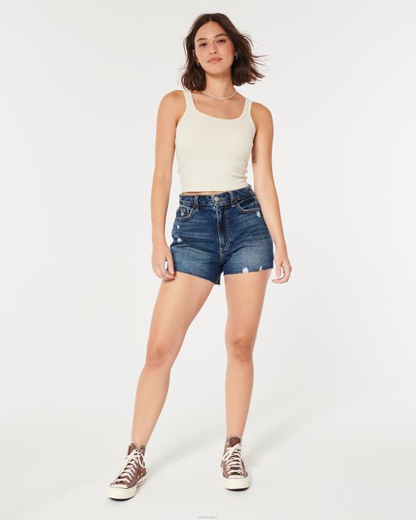 curvy mom shorts met ultrahoge taille in distressed dark wash denim afspoelen vrouwen Hollister bodems 06JX624