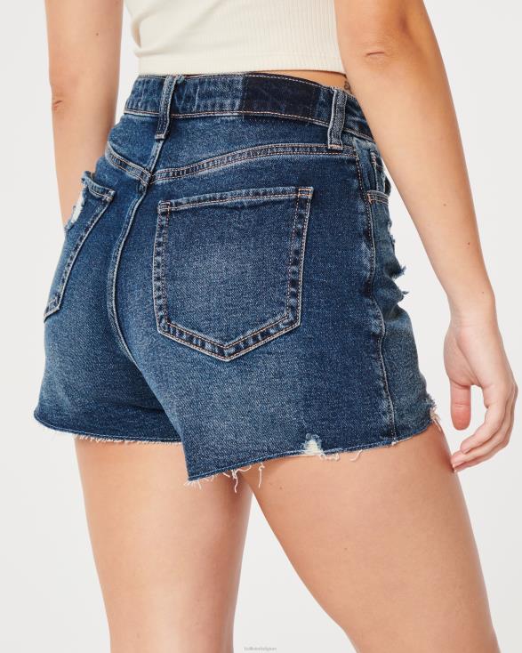 curvy mom shorts met ultrahoge taille in distressed dark wash denim afspoelen vrouwen Hollister bodems 06JX624
