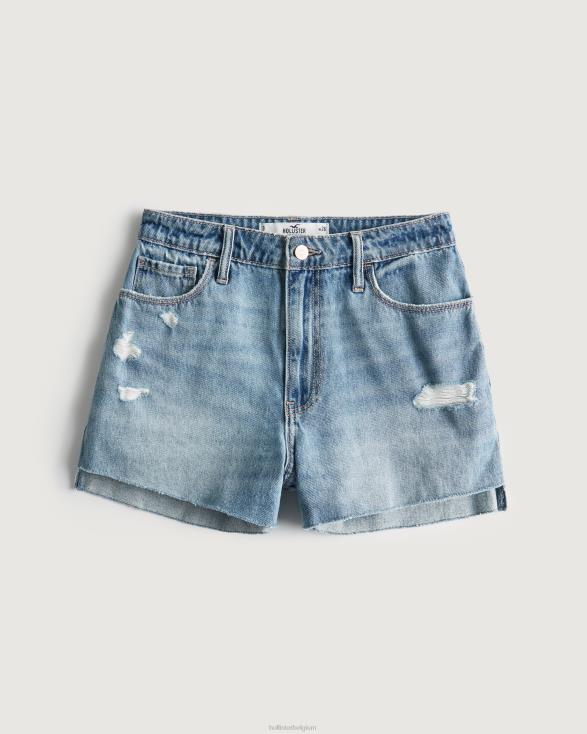 curvy mom shorts van denim met ultrahoge taille en medium wassing medium gescheurde was vrouwen Hollister bodems 06JX640