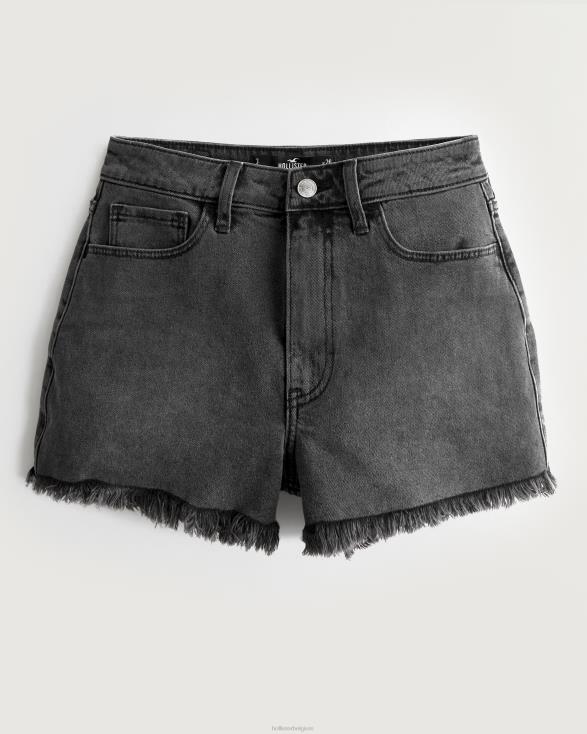 mom short van vervaagde zwarte denim met ultrahoge taille zwarte gerafelde zoom vrouwen Hollister bodems 06JX583