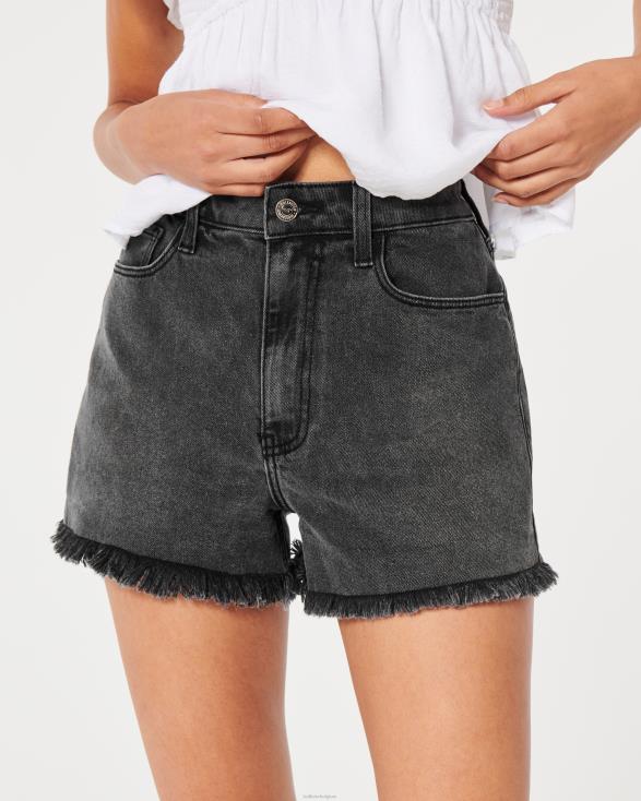 mom short van vervaagde zwarte denim met ultrahoge taille zwarte gerafelde zoom vrouwen Hollister bodems 06JX583