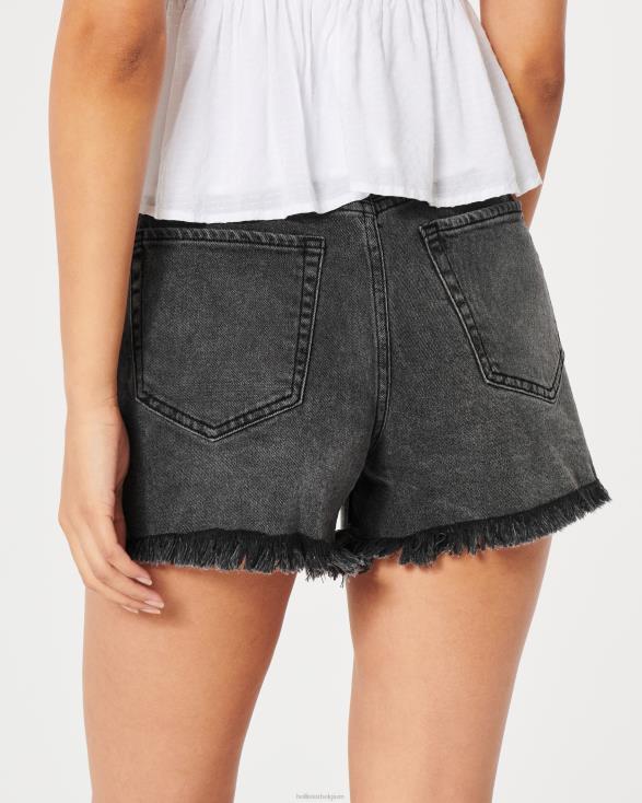 mom short van vervaagde zwarte denim met ultrahoge taille zwarte gerafelde zoom vrouwen Hollister bodems 06JX583