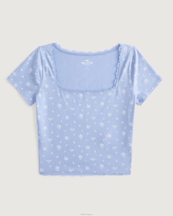 Baby-T-shirt met vierkante hals en kanten rand lichtblauwe bloemen vrouwen Hollister toppen 06JX346