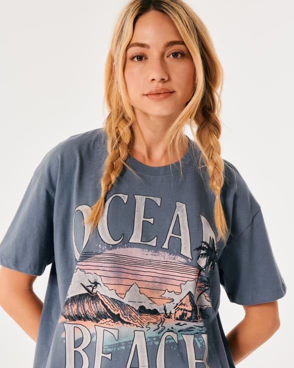 oversized Ocean Beach Californië grafisch T-shirt blauw vrouwen Hollister toppen 06JX10