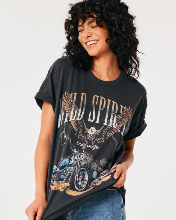 oversized T-shirt met grafische print voor motorfietsen met wilde geesten donker grijs vrouwen Hollister toppen 06JX423