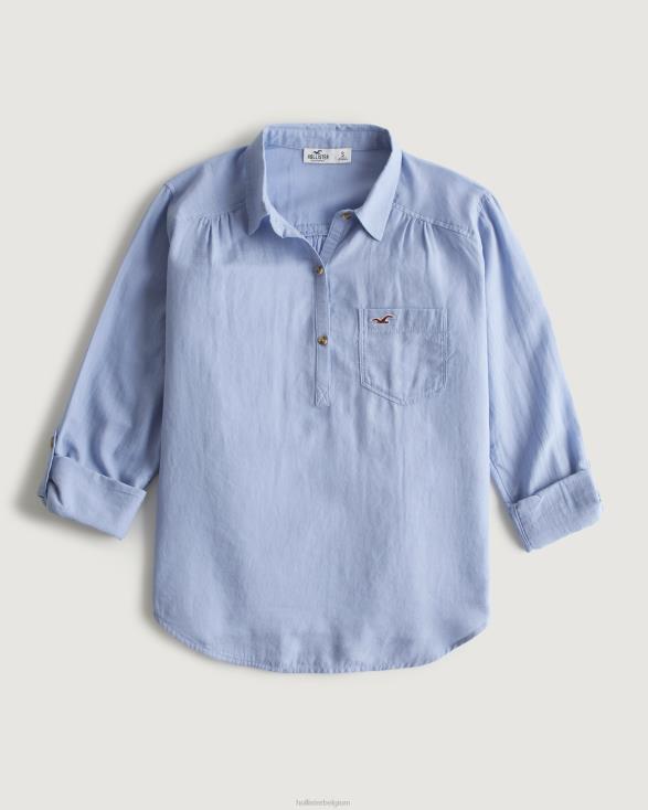 gemakkelijk lichtgewicht popover-overhemd van katoen blauw vrouwen Hollister toppen 06JX373