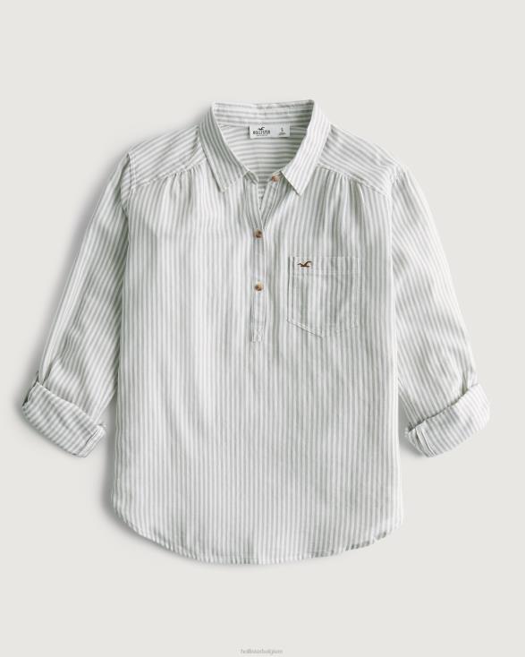gemakkelijk lichtgewicht popover-overhemd van katoen salie groene streep vrouwen Hollister toppen 06JX174