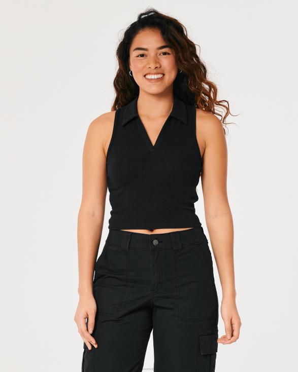 mouwloze geribbelde polo zwart vrouwen Hollister toppen 06JX422