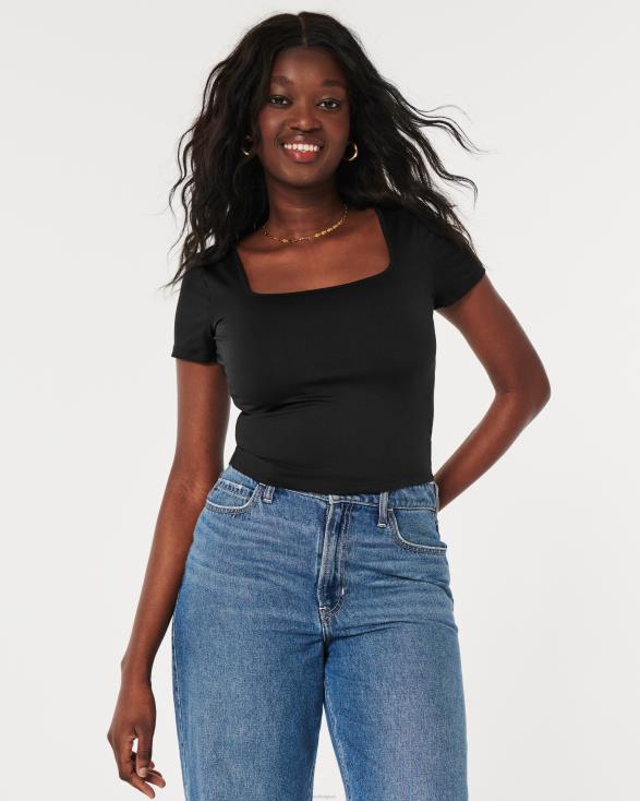 baby-T-shirt met vierkante hals van naadloze stof zwart vrouwen Hollister toppen 06JX67