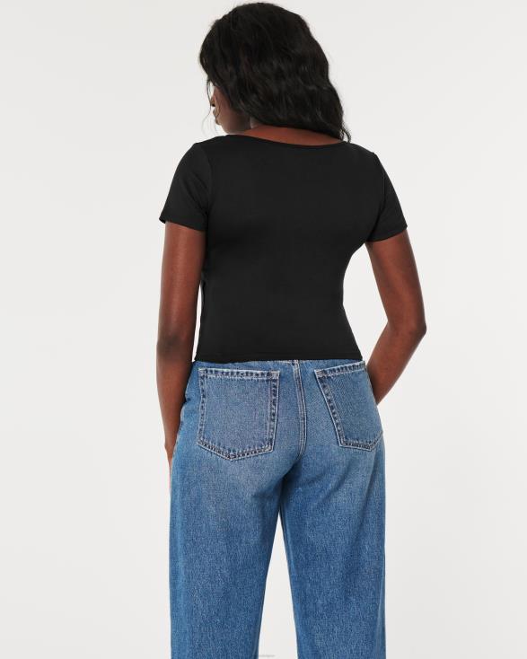 baby-T-shirt met vierkante hals van naadloze stof zwart vrouwen Hollister toppen 06JX67