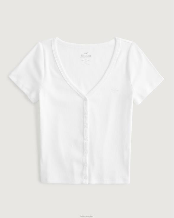 geribbelde top met V-hals en knoopsluiting wit vrouwen Hollister toppen 06JX312