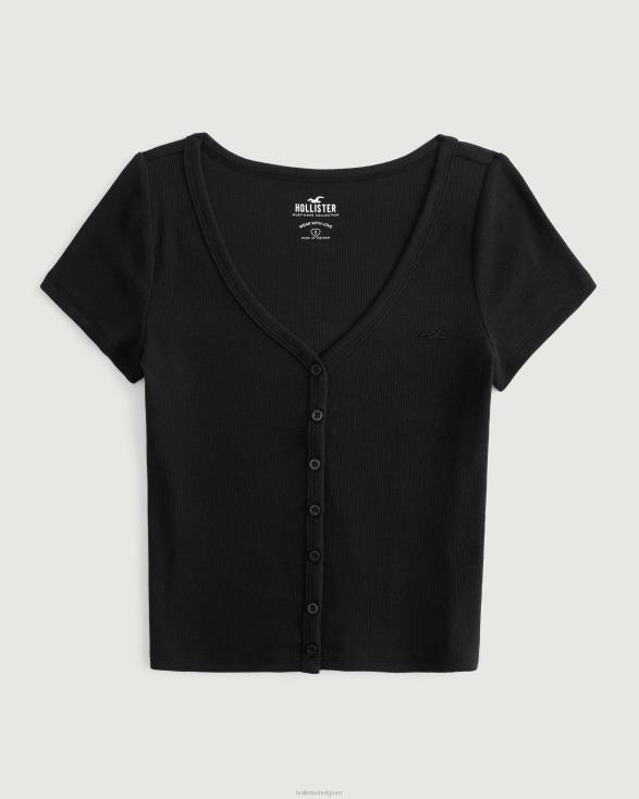 geribbelde top met V-hals en knoopsluiting zwart vrouwen Hollister toppen 06JX243
