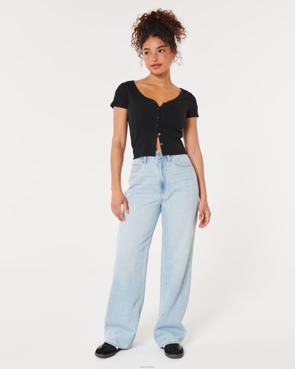 geribbelde top met V-hals en knoopsluiting zwart vrouwen Hollister toppen 06JX243