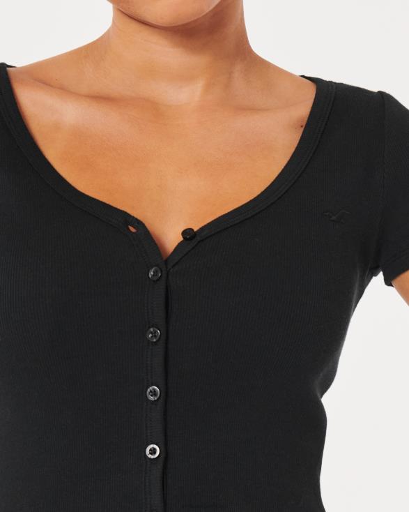 geribbelde top met V-hals en knoopsluiting zwart vrouwen Hollister toppen 06JX243