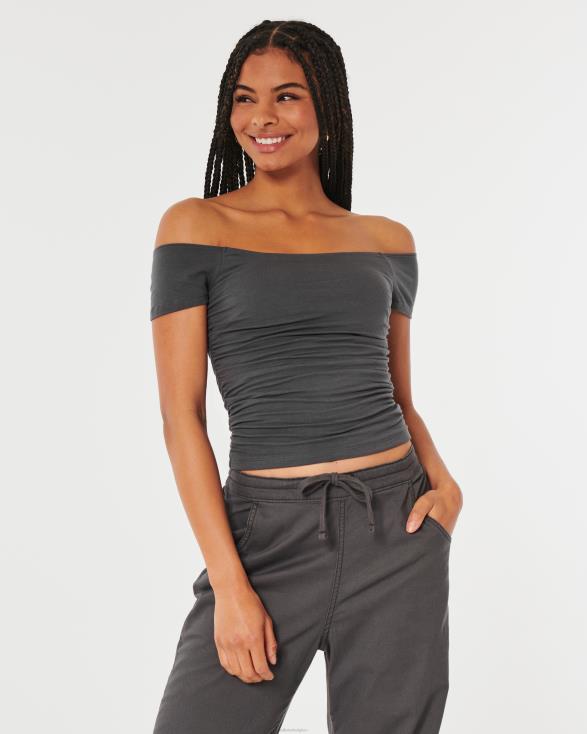 gesmokte off-the-shoulder top donker grijs vrouwen Hollister toppen 06JX141