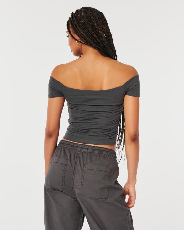 gesmokte off-the-shoulder top donker grijs vrouwen Hollister toppen 06JX141