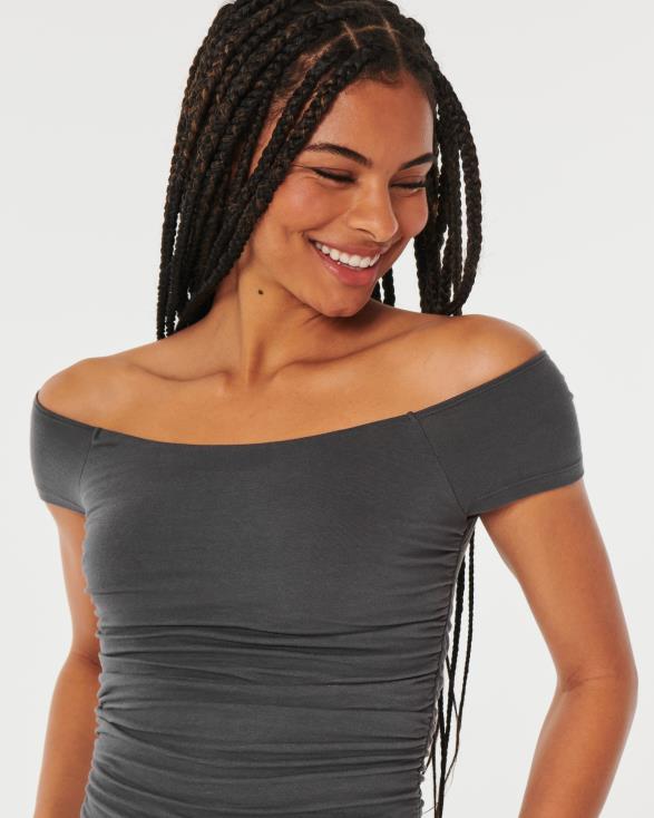 gesmokte off-the-shoulder top donker grijs vrouwen Hollister toppen 06JX141
