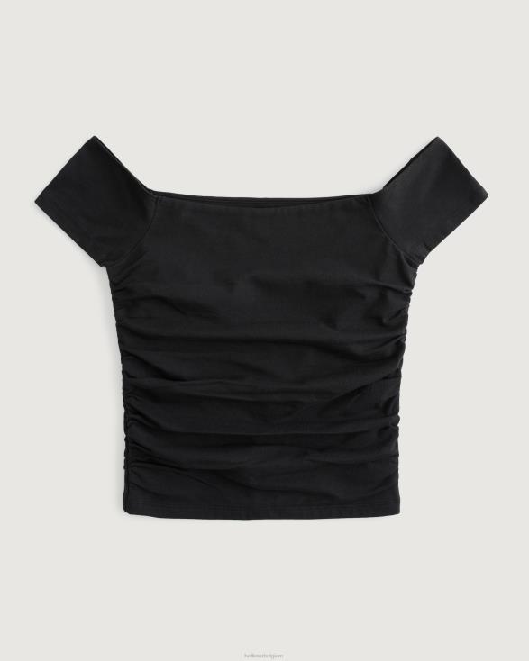 gesmokte off-the-shoulder top zwart vrouwen Hollister toppen 06JX38
