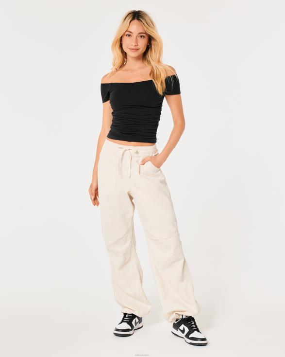 gesmokte off-the-shoulder top zwart vrouwen Hollister toppen 06JX38